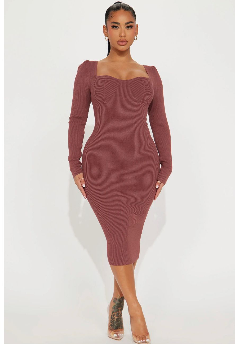 Long sleeve Knitted Maxi Dress- Brown