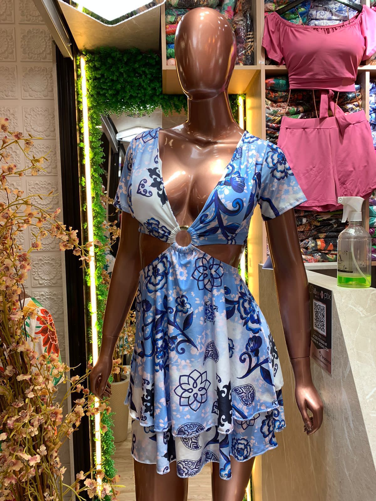 Cuba Havana- Blue tricolor flower open front short dress