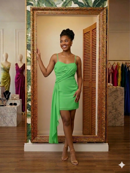 Bright green cocktail draped dress