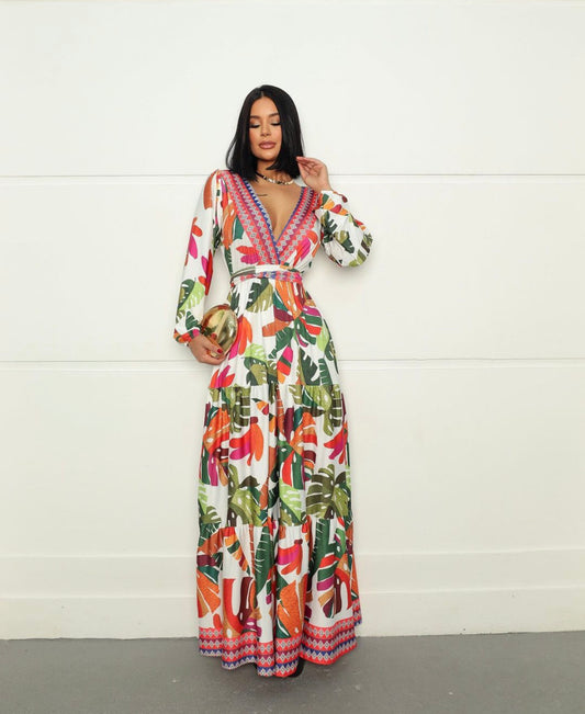 Cuba Havana- Tropical Long Sleeve Long Dress