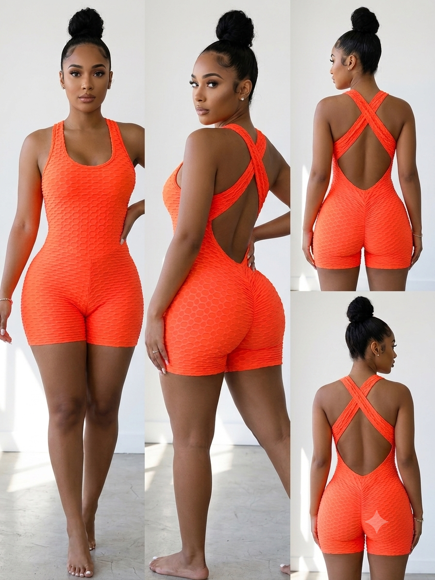 Neon Coral honeycomb short bodysuit — fitted one-piece bodysuit