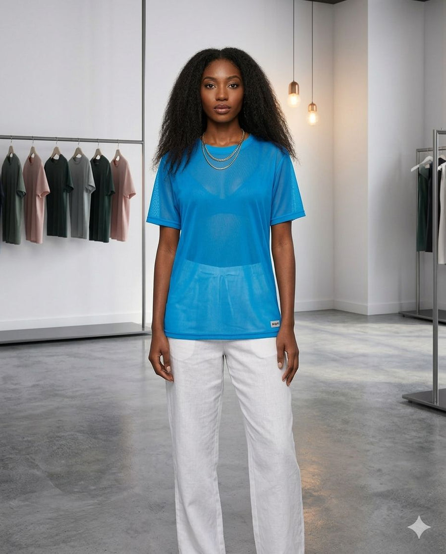 Vibrant blue mesh T-shirt — sheer mesh top