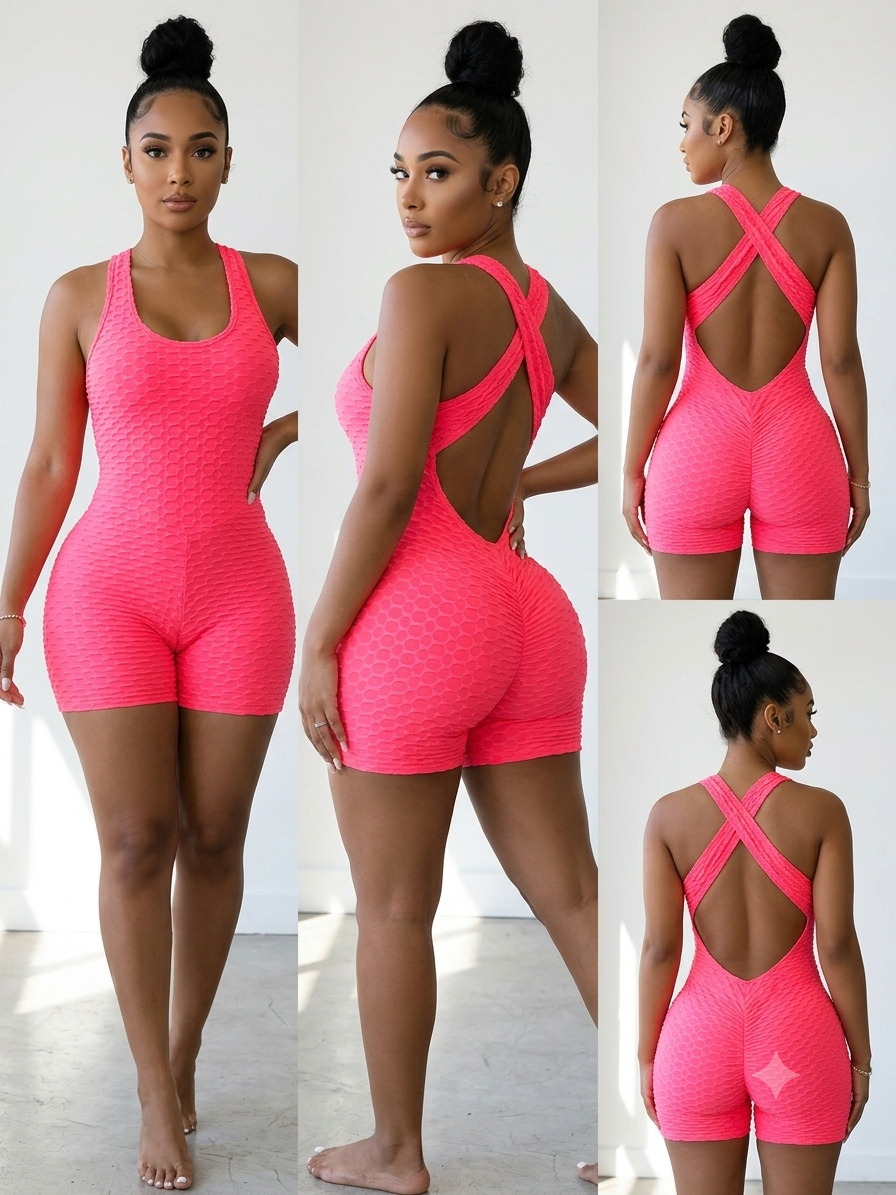 Neon Pink honeycomb short bodysuit — fitted one-piece bodysuit