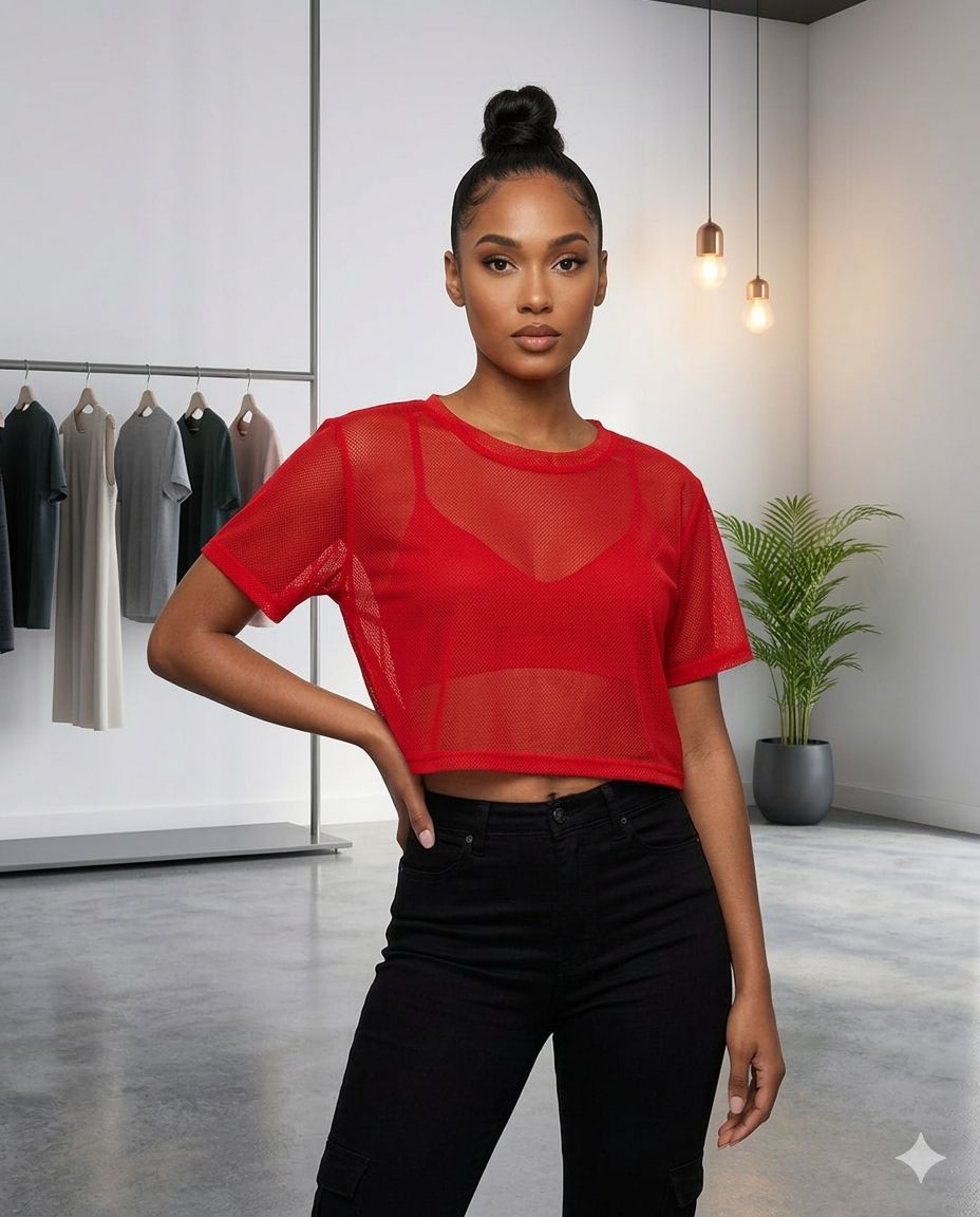 Red mesh crop top — sheer mesh top