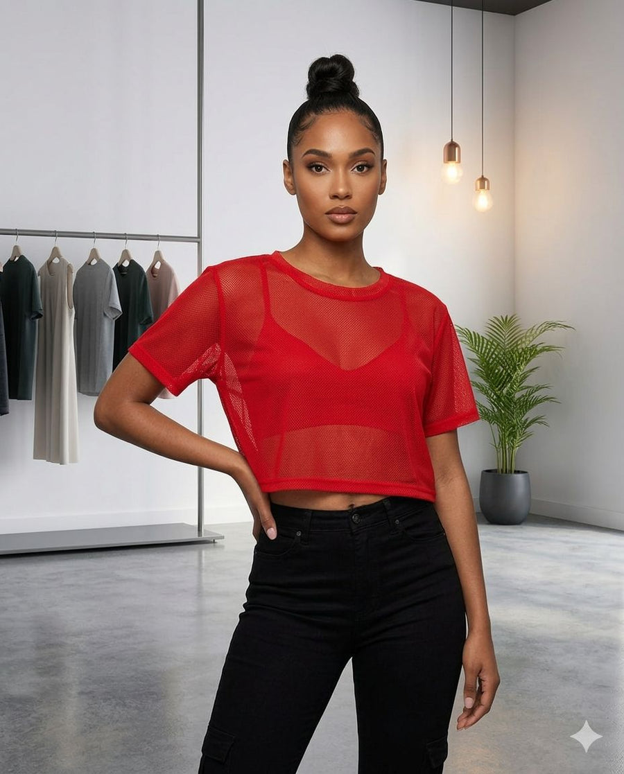 Red mesh crop top — sheer mesh top