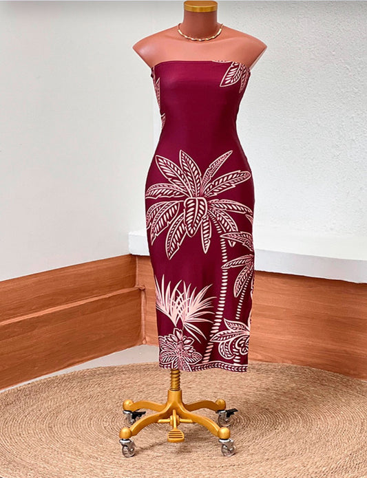 Island Palm Strapless Bodycon Midi Dress