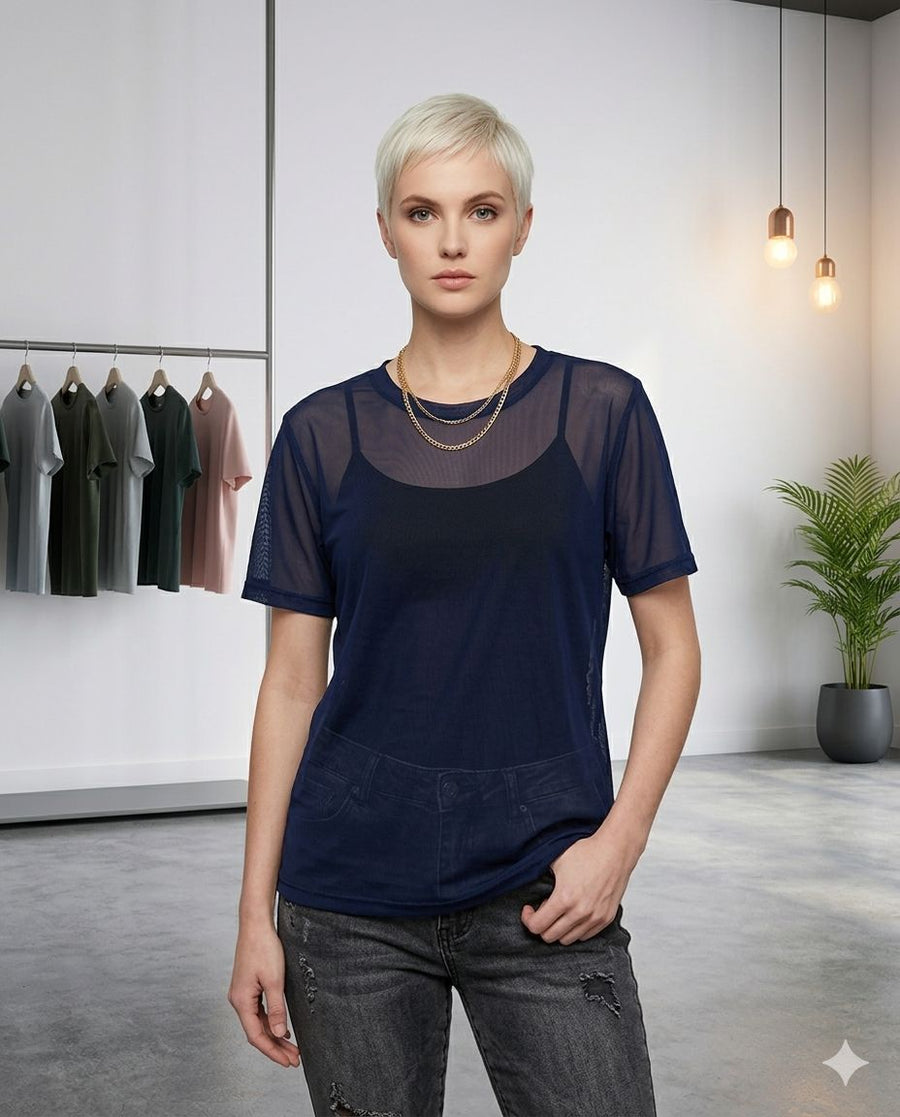 Blue mesh T-shirt — sheer mesh top