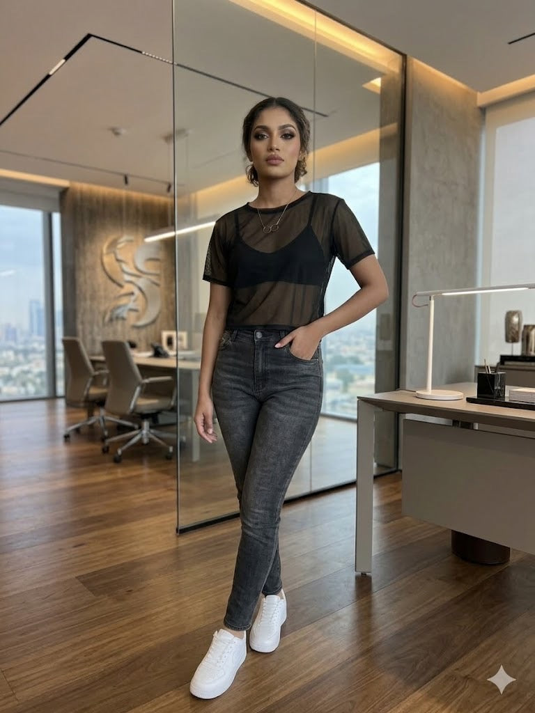 Black mesh crop top — sheer mesh top