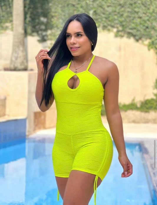 Textured Cruch Short Bodysuit- Highlighter yellow