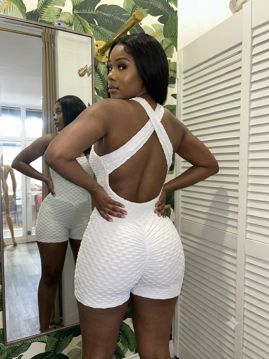 White honeycomb short bodysuit — fitted one-piece bodysuit (additional view)