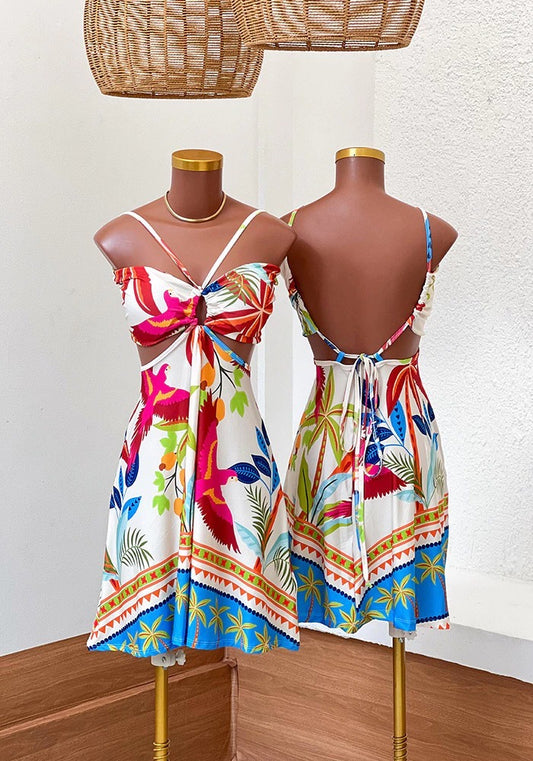 Tropical Bird Print Tie-Back Dress