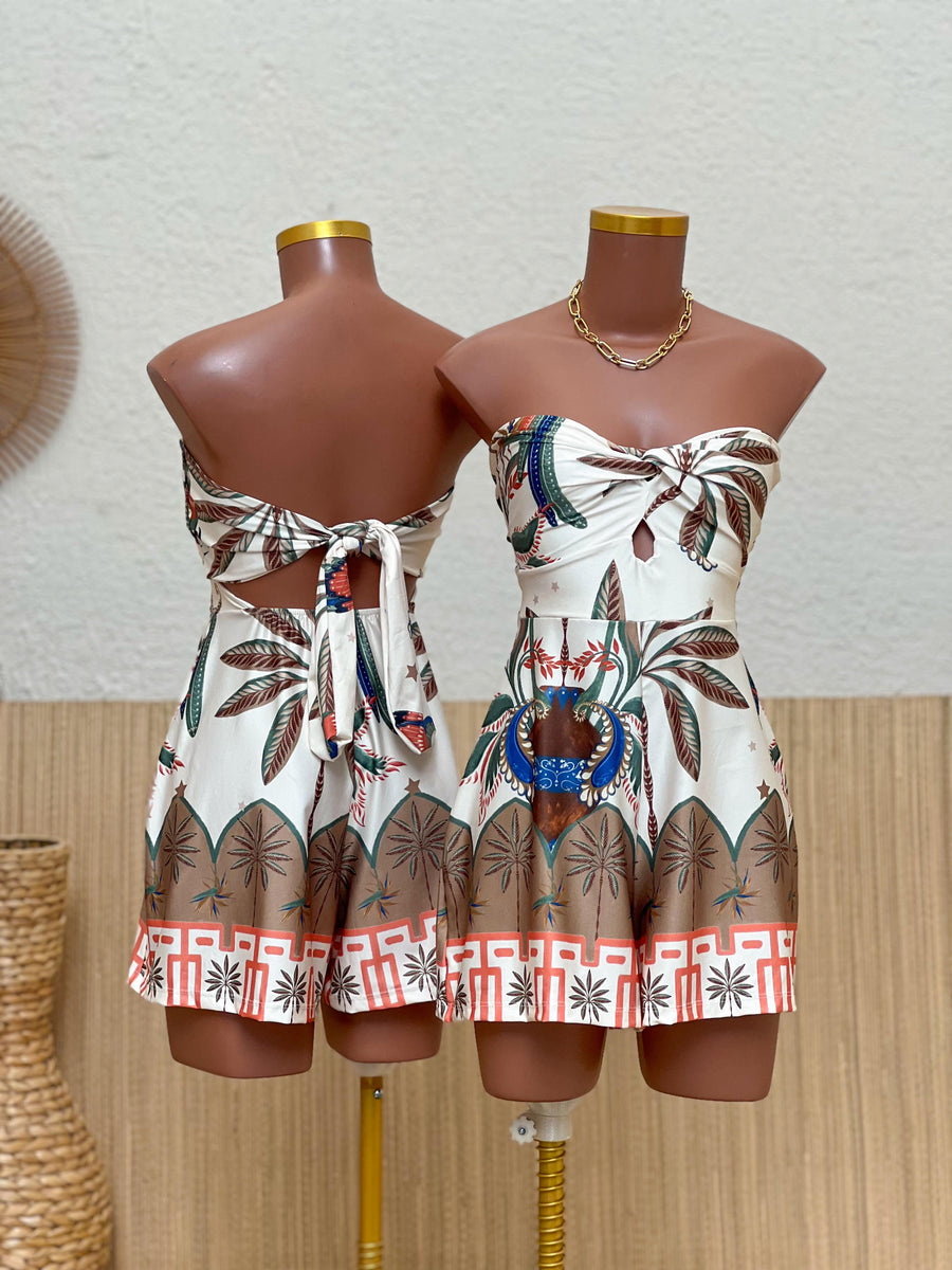 Twist Front Bandeau Romper — Peacock Palm — one-piece romper