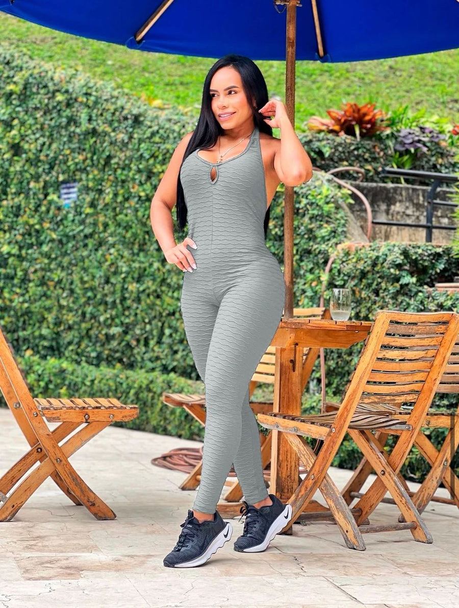 Textured Alter Back Long crunch butt Bodysuit- Pink — fitted one-piece bodysuit