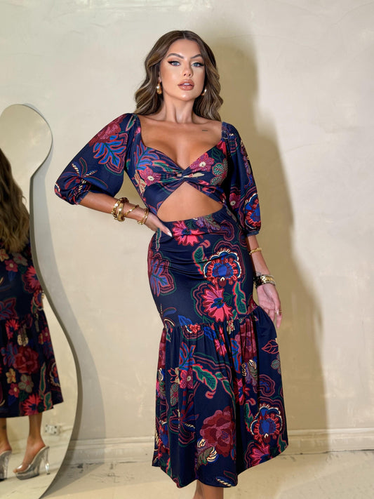 Midnight Bloom Cutout Midi Dress