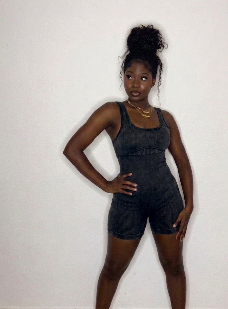 Charcoal short bodysuit — fitted one-piece bodysuit