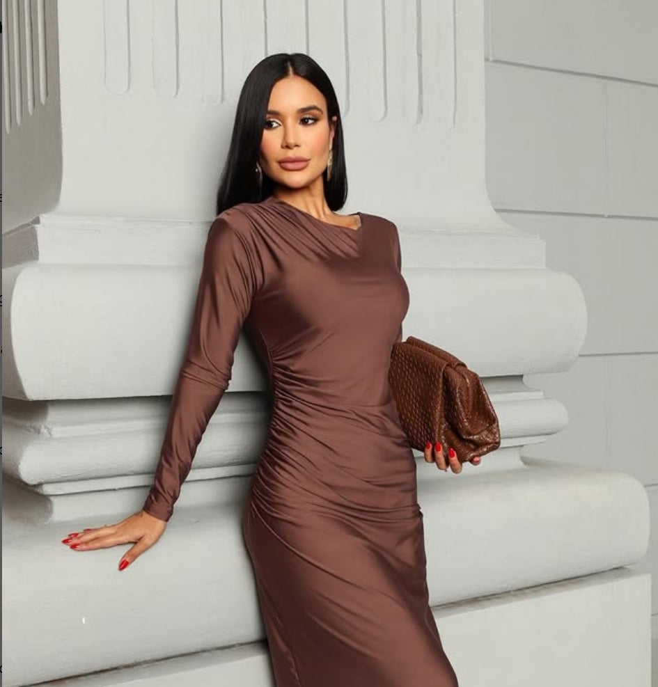 Mocha silk Ruched Maxi Dress