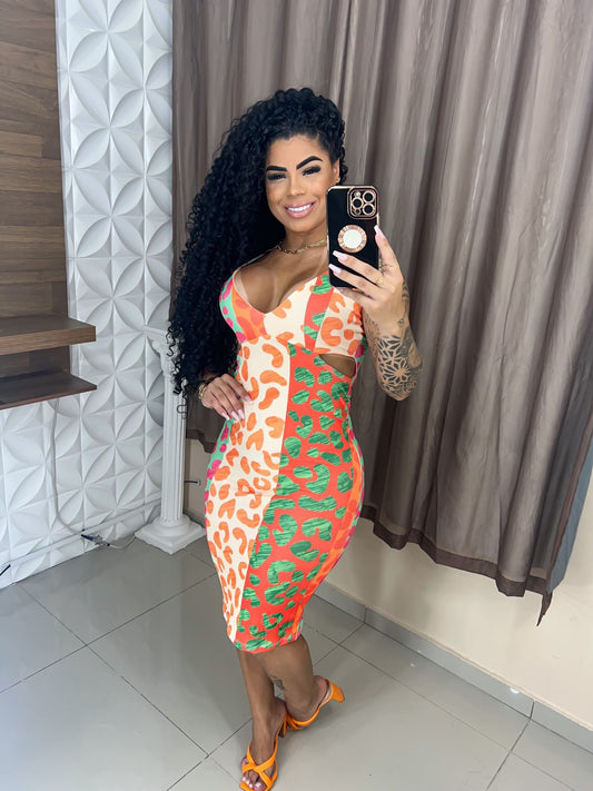 Orange tricolor cheetah print dress