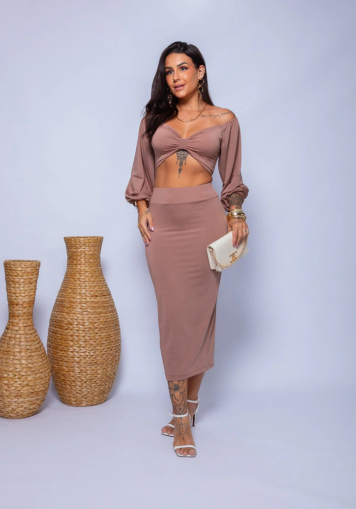 Ariane twist crop and midi skirt set in nude