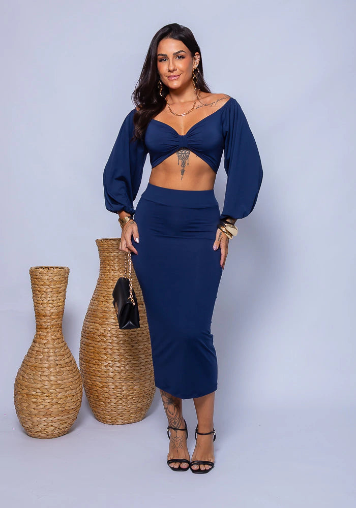 Ariane twist crop and midi skirt set in navy