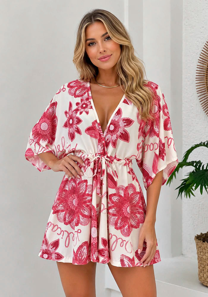 Angel printed wrap romper in Delicadeza Rosa pink floral print