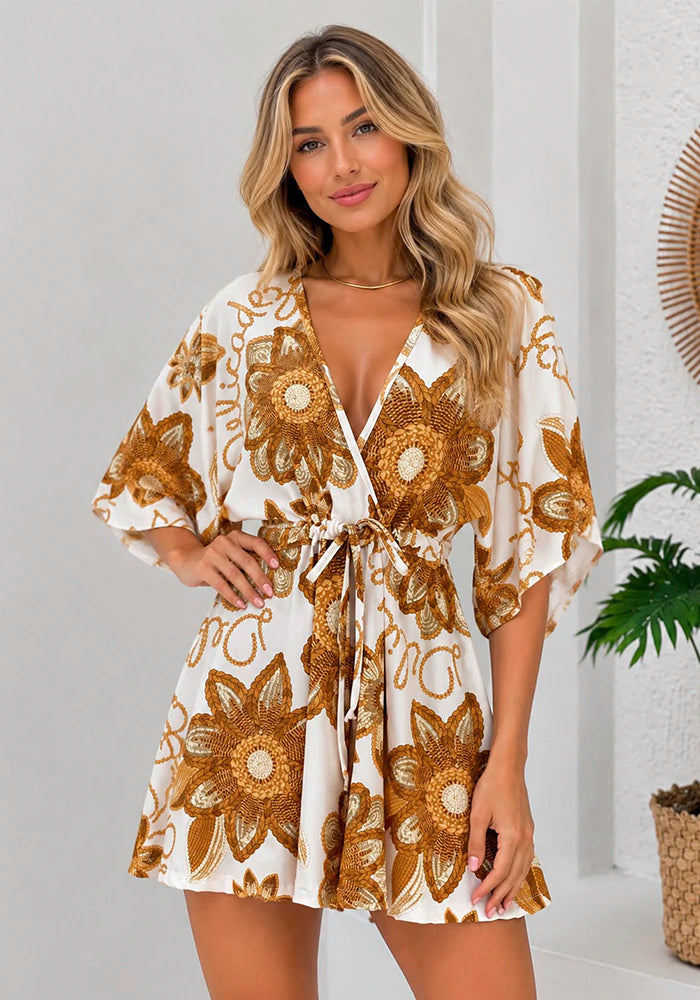 Angel printed wrap romper in Delicadeza Dourada golden floral print