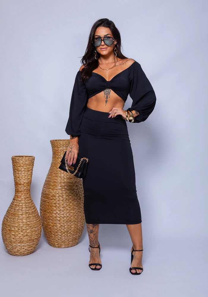 Ariane twist crop and midi skirt set in black