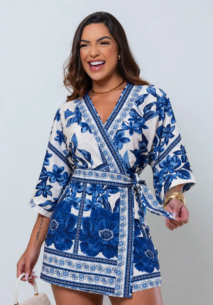 Pamela printed wrap romper in Lotus Blue blue and white print