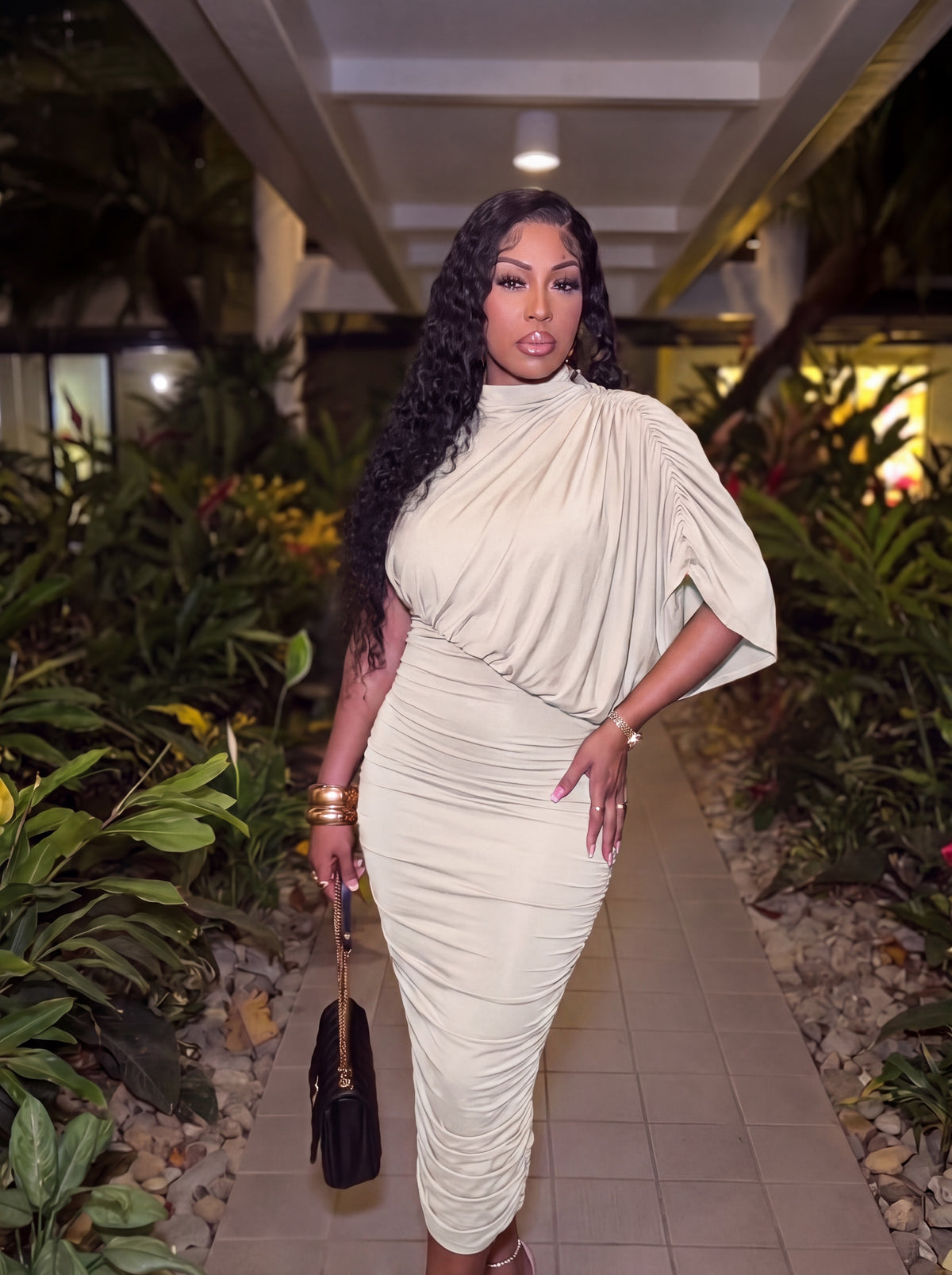 The Draped Goddess Midi - Vanilla Cream — fitted midi dress